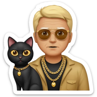 Freaky Larry is a cat with a gold chain and sunglasses standing behind a scared man with no facial hair. Make sure the cat is black sticker