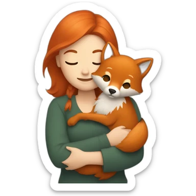 a woman with ginger hair hugging a fox sticker