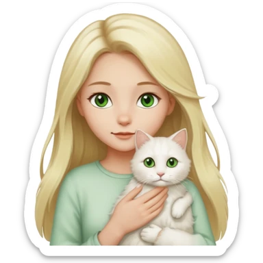 A cartoon-style digital illustration of a fair-skinned young woman with long blonde hair and brown eyes gently holding a fluffy white cat with green eyes against a white background. sticker