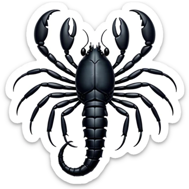 Cinematic Noble Emperor Scorpion Portrait Emoji, Poised and formidable, with a robust, armored build and a glossy, jet-black exoskeleton accented by striking, segmented pincers, deep-set piercing eyes, Simplified yet sharp and sophisticated features, highly detailed, glowing with a cool, dignified glow, high shine, intelligent and imposing, stylized with an air of ancient desert majesty, focused and attentive, soft glowing outline, capturing the essence of a watchful and commanding scorpion that feels as though it could silently creep out of the screen with effortless authority! sticker