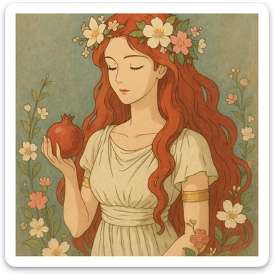 Persephone with red hair, inspired by Greek mythology, elegant and ethereal, floral accents, goddess-like presence sticker