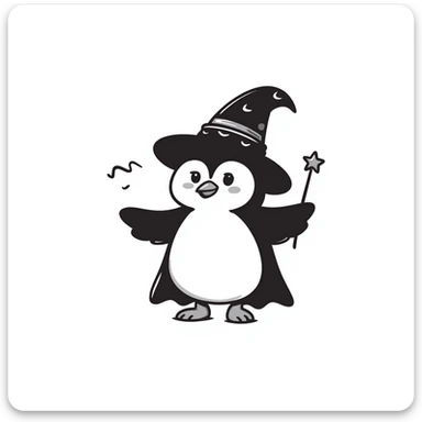 cute penguin wearing a wizard hat and robe, holding a magic wand sticker