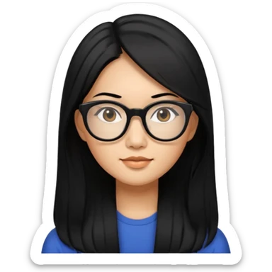 30 yr old asian woman, straight thick long black hair, big black glasses, side part sticker