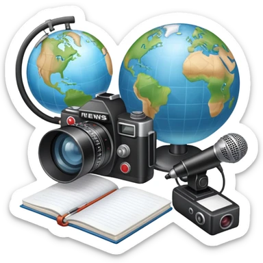 An icon showing a microphone, a notepad, and a camera, symbolizing journalism. The design includes a globe in the background, representing global news, and a breaking news banner for emphasis. Transparent background highlights the dynamic world of media and reporting. sticker