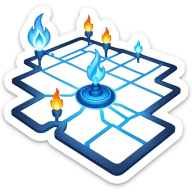 a map with a glowing blue flame on the x and networking paths sticker