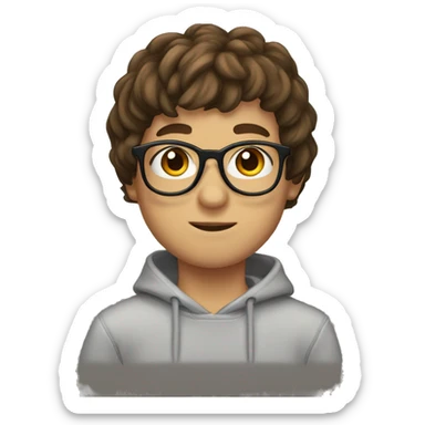boy with brown hair and bangs ans glasses wearing a sweatshirt sticker