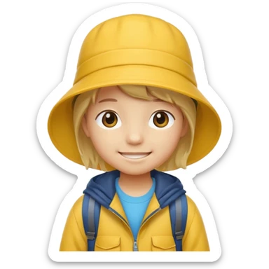 Little student wears yellow bucket hat and jacket, backpack, happ sticker