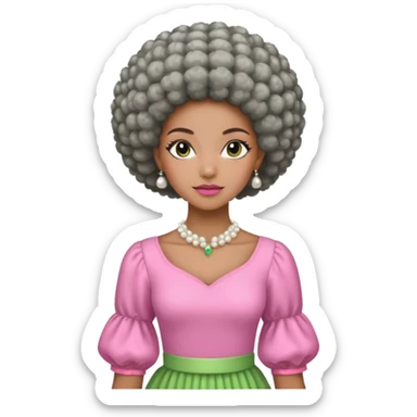 Pretty Brown woman with a very very short stylish gray Afro  wearing pink and green dress  and pearl blouse with sleeves sticker