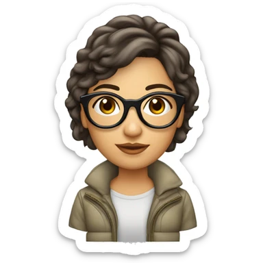 Una chica blanca, de cabello corto hasta los hombros  marrón, lentes de aviador, con un celular   sticker