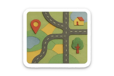 simple road map illustration, top-down view, with winding roads, intersections, and a few landmarks, paper craft style sticker