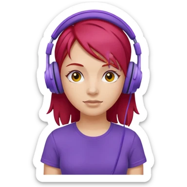 girl with purple headphones and tshirt red hair sticker