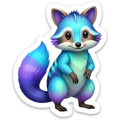 Iridescent Neon Green-Cyan-Blue-Purple-gradients Tanuki-Numbat-Sergal-fusion-hybrid-animal-creature, full body sticker