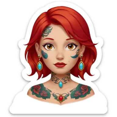 red hair woman with extra  big earring and face tattoed sticker