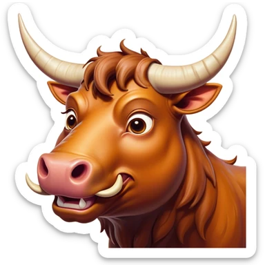 Cinematic Comical Domestic Ox Portrait Emoji, Head tilted dramatically with an exaggeratedly amused expression, featuring a striking, glossy hide with boldly curved horns and wide, expressive eyes brimming with playful disbelief, Simplified yet hilariously expressive features, highly detailed, glowing with a slightly sassy earthy glow, high shine, dramatic yet playful, stylized with an air of cheeky rural mischief, soft glowing outline, capturing the essence of a spirited and over-the-top ox that looks ready to charge its way into internet fame instantly! sticker