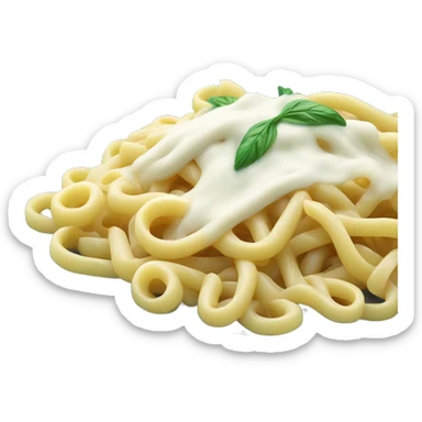 long thin pasta noodles on a blue plate with white sauce and shimp, green background sticker