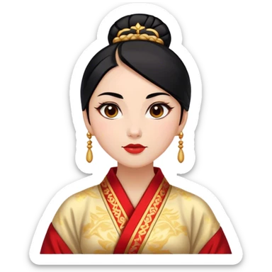 Cinematic Realistic Noble Mulan Portrait, depicted with lifelike, warm light-toned skin that reveals subtle texture and natural shadows. Her sleek black hair is intricately styled into a traditional bun with every strand rendered in exquisite detail, and her almond-shaped eyes, full of quiet resolve, are softly illuminated. She wears a meticulously detailed traditional robe with delicate red and gold accents, its rich fabric textures and gentle folds catching the light beautifully. The portrait radiates a natural, enchanting glow, capturing Mulan’s inner strength and timeless grace in a realistically painterly style. sticker