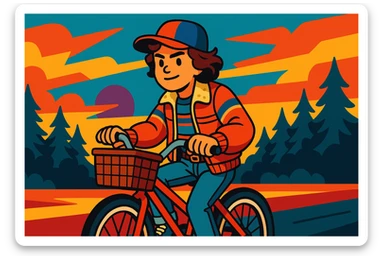 Stranger Things inspired character riding a bicycle with a basket, 1980s vibe, vibrant toon style, wide aspect ratio 16:9 sticker