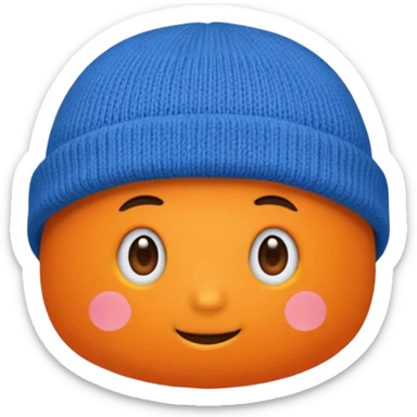 a blue beanie with an orange rim, and an orange puff dot at the top sticker