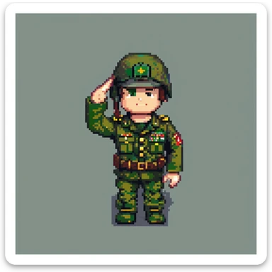 roblox military man, blocky avatar, green army uniform, helmet, saluting, minimal background sticker