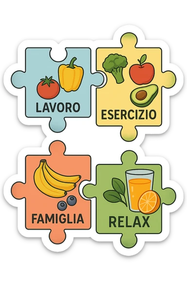 Puzzle (Lavoro, Esercizio, Famiglia, Relax), and healthy foods are integrated into each piece. in italiano sticker