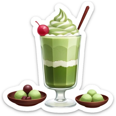 Japanese matcha parfait in a glass, with layers of green tea ice cream, red bean, mochi cubes, and whipped cream. Soft neutral background, cozy kissaten vibe. sticker
