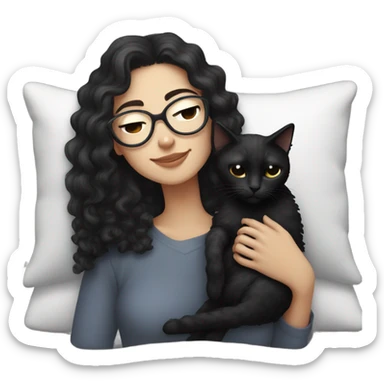 Pale white young woman with dark curly hair with glasses cuddling, sleeping with black cat sticker