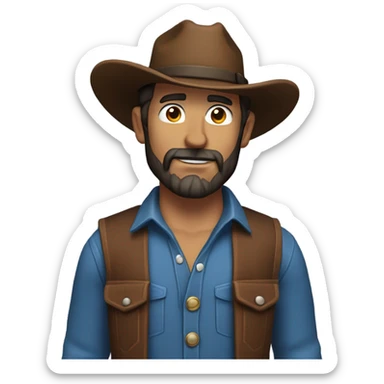 a rugged cowboy with a thick beard, wearing a blue vest over a classic western shirt and a brown belt with a silver buckle. He should have a confident stance, showing full torso sticker