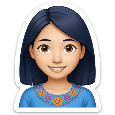 30 yr old asian woman center parted hair big eyes big smile tanned skin straight black hair hippie part hair blue blouse sticker