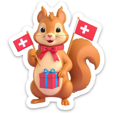 squirrel holding a present and a Swiss flag sticker