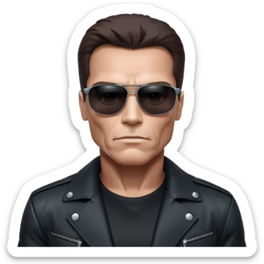Schwarzenegger-like Terminator, upper body only, wearing his iconic clothes in black (all clothes must be black), looking more human with minimal robotic details, and wearing dark sunglasses, hair must be dark sticker