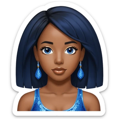 Kelly Rowland with black hair, blue sequin crop top, blue earring sticker