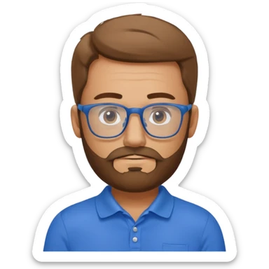 A tanned bearded man wearing glasses and a blue polo sticker