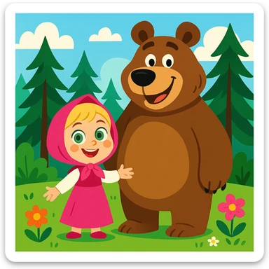 cute cartoon scene of a little girl with green eyes, blonde hair, pink dress and headscarf, smiling next to a big friendly brown bear in a lush green forest with tall pine trees and colorful flowers, bright and clean background sticker