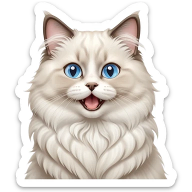 cinematic-adorable-big-eyed-fluffy-ragdoll-cat-portrait-emoji,-head-tilted-playfully-with-a-cute,-yawn,-white and grey fur,-simplified-yet-irresistibly-cute-features, blue eyes sticker