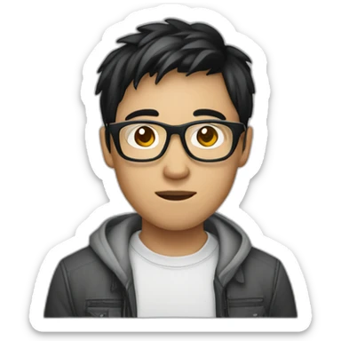a male vietnamese programmer with tan skin with black hair with silver metal glasses and with a macbook sticker