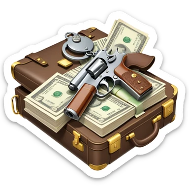Icon for Action & Crime Reading: an open book with action-packed scenes, featuring a gun, handcuffs, a detective's badge and a briefcase with money. The icon should capture the tension and excitement of crime and action stories. Transparent background. sticker