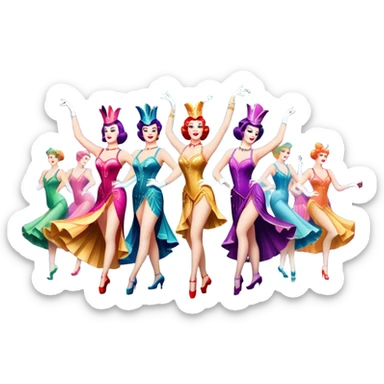 A vintage movie poster-style design inspired by Moulin Rouge. Include glamorous cabaret dancers in extravagant costumes, a colorful stage, sparkling lights, and a sense of drama. The atmosphere should be vibrant, with musical notes in the air. Retro cinematic style. Transparent background. sticker
