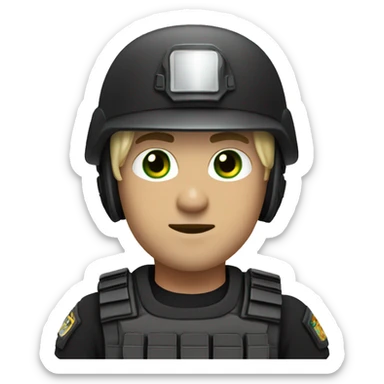 male swat officer wearing a helmet, white skin and dirty blonde hair, and green eyes sticker