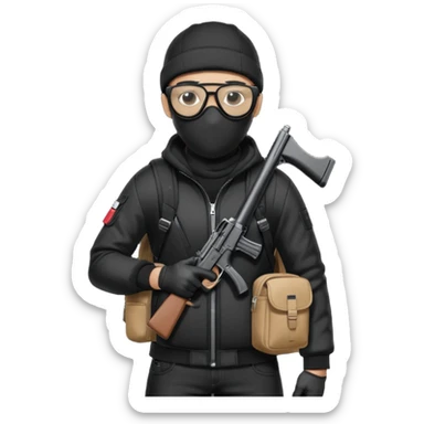 YN wearing a ski mask, holding a gun, all black fit, black jeans, Sprayground bookbag, confident stance with glasses sticker