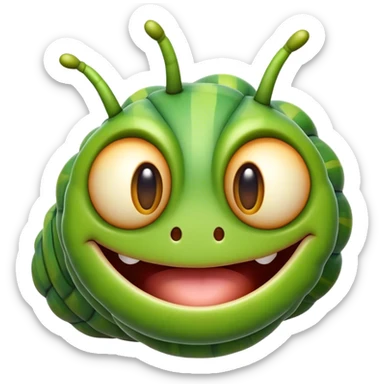 Cinematic Realistic Comical Caterpillar Portrait Emoji, Head tilted dramatically with an exaggeratedly amused expression, featuring a strikingly detailed segmented body in vibrant green with bold natural banding and wide, expressive eyes full of playful disbelief, rendered with lifelike texture and vivid natural colors, high shine, dramatic yet playful, styled with an air of cheeky garden mischief, soft glowing outline, capturing the essence of a spirited and over‐the‐top caterpillar that looks ready to wiggle its way into viral fame! sticker