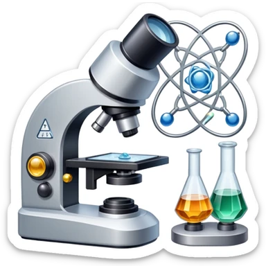 An icon featuring an electronic microscope, a metal alloy, atomic structure symbols, and a crystal structure, symbolizing materials science. The design includes different materials like metals, ceramics and polymers, alongside a stamp representing testing and quality control. Transparent background sticker