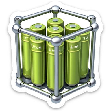A bundle of uranium fuel rods used in a nuclear reactor, with a metallic structure and cylindrical rods, arranged in a hexagonal grid, futuristic and industrial style sticker