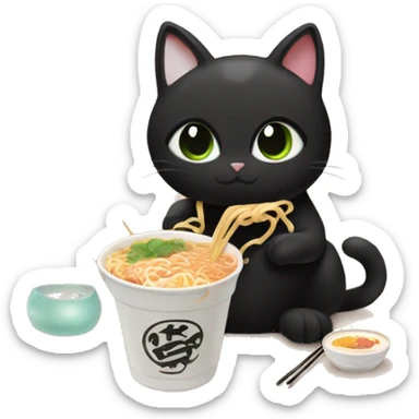 black cat eating ramen noodles and boba tea beside sticker