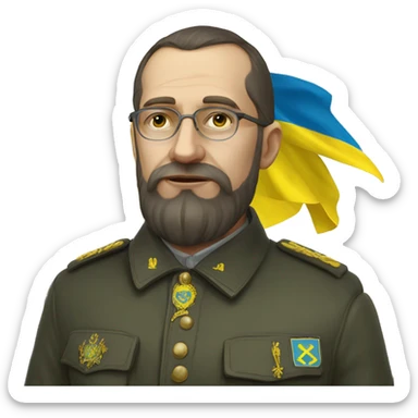 Mikhailo Hrushevsky with the flag of Ukraine and the universal (proclamation) sticker