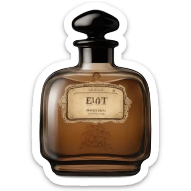 English vintage glass perfume bottle from my aristocratic grandmother, exquisite bottle shape, old and shabby, with label, stylish and minimalistic, black and brown sticker