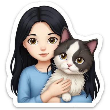 A girl with long black hair holding a cute ragdoll cat sticker