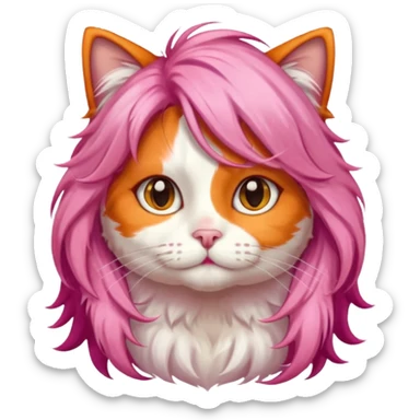 calico cat wear long pink hair wig sticker