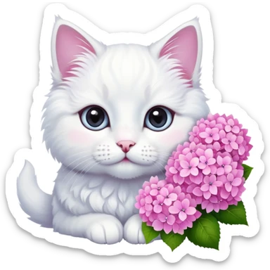 Cute white cat with bouquet of pink hydrangeas  sticker