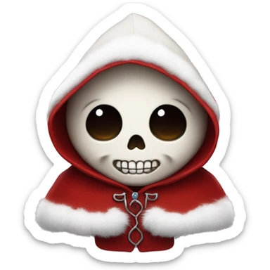 Cute, happy little skull wearing a red velvet hooded cloak with white fur trim. sticker