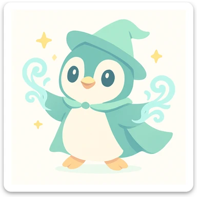 heroic penguin wizard with a flowing cape, icy blue magic swirling from its flippers sticker